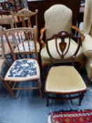 AN UPHOLSTERED ELBOW CHAIR, AN EDWARDIAN MARQUETRIED CHAIR AND TWO OTHER BOUDOIR CHAIRS