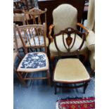 AN UPHOLSTERED ELBOW CHAIR, AN EDWARDIAN MARQUETRIED CHAIR AND TWO OTHER BOUDOIR CHAIRS