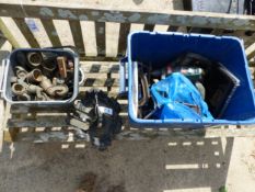 A CAST IRON BOOT SCRAPER, A QUANTITY OF TOOLS AND A QUANTITY OF VINTAGE BRASS CASTERS