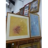 A CONTEMPORARY WATERCOLOUR OF AN ABSTRACT INSECT, 54 x 54cms. TOGETHER WITH AN ORIENTAL PICTURE OF A