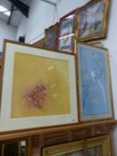 A CONTEMPORARY WATERCOLOUR OF AN ABSTRACT INSECT, 54 x 54cms. TOGETHER WITH AN ORIENTAL PICTURE OF A