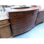 A CROSS BANDED AND LINE INLAID MAHOGANY BOW FRONT CHEST OF THREE SHORT AND THREE LONG DRAWERS