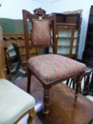 A VICTORIAN MAHOGANY CHAIR, THE BACK AND SEAT UPHOLSTERED IN FLORAL DIAMOND DIAPER ON A TERRACOTTA