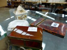 A SMALL AGATE BOX, A CARD CASE AND A SMALL STAFFORDSHIRE PASTILLE BURNER