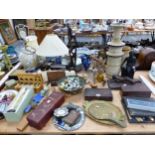 SETS OF SCALES, WEIGHTS, CUTLERY, A WOODEN CRUCIFIX, A CHINESE BOWENITE CARVING OF A LADY, ETC.