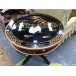 A CHINESE BLACK LACQUER CIRCULAR TABLE GILT AND INLAID WITH LADIES ON A GARDEN TERRACE