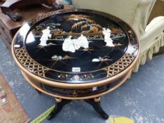 A CHINESE BLACK LACQUER CIRCULAR TABLE GILT AND INLAID WITH LADIES ON A GARDEN TERRACE