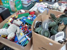 A LARGE BOX OF LEGO, A COLLECTION OF VINTAGE ACTION MAN FIGURES ETC, AND A BLUE PLUSH TEDDY BEAR.