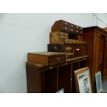 AN OAK OPEN BOOKCASE, THREE VARIOUS DRAWER UNITS AND A MAHOGANY UNIT OF TWO DOORS