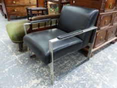 A LEONARD CHROME AND BLACK LEATHER ARMCHAIR