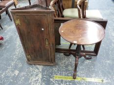 A 19th C. MAHOGANY TRIPOD TABLE TOGETHER WITH AN OAK CORNER CUPBOARD