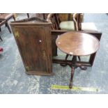 A 19th C. MAHOGANY TRIPOD TABLE TOGETHER WITH AN OAK CORNER CUPBOARD