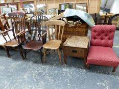 A WINDSOR CHAIR, A STRAP BACKED KITCHEN ELBOW CHAIR, ANOTHER KITCHEN CHAIR, A BUTTON BACKED