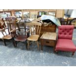 A WINDSOR CHAIR, A STRAP BACKED KITCHEN ELBOW CHAIR, ANOTHER KITCHEN CHAIR, A BUTTON BACKED