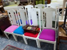 A SET OF EIGHT GREY AND WHITE PAINTED CHAIRS WITH COLOURFUL DROP IN SEATS