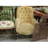 AN OATMEAL VELVET UPHOLSTERED MAHOGANY BUTTON BACKED ARMCHAIR ON WHITE CERAMIC CASTOR FEET