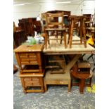 A PAIR OF OAK TWO DRAWER BEDSIDE CHESTS, TWO STOOLS, A CHILD'S CHAIR, A COFFEE TABLE, COLLECTORS