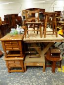 A PAIR OF OAK TWO DRAWER BEDSIDE CHESTS, TWO STOOLS, A CHILD'S CHAIR, A COFFEE TABLE, COLLECTORS