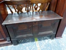 AN OAK COFFER WITH TWO PANELLED FRONT