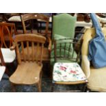 A RUSH SEATED ELBOW CHAIR, ANOTHER RUSH SEATED CHAIR, ANOTHER CHAIR IN GREEN UPHOLSTERY AND A