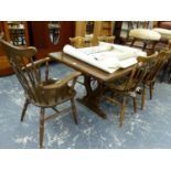 AN OAK REFECTORY TABLE TOGETHER WITH FIVE CHAIRS INCLUDING ONE WITH ARMS