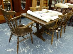 AN OAK REFECTORY TABLE TOGETHER WITH FIVE CHAIRS INCLUDING ONE WITH ARMS