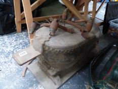 VINTAGE FOOT BELLOWS AND A PAIR OF ARTS AND CRAFTS WALL LIGHTS.