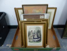 A SMALL COLLECTION OF DECORATIVE ANTIQUE AND LATER PICTURES, INCLUDING FASHION PLATES, WATERCOLOURS,