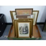A SMALL COLLECTION OF DECORATIVE ANTIQUE AND LATER PICTURES, INCLUDING FASHION PLATES, WATERCOLOURS,