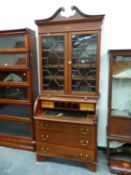 A SATIN WOOD BANDED MAHOGANY CYLINDER BUREAU DISPLAY CABINET, THREE LONG DRAWERS ABOVE THE BRACKET