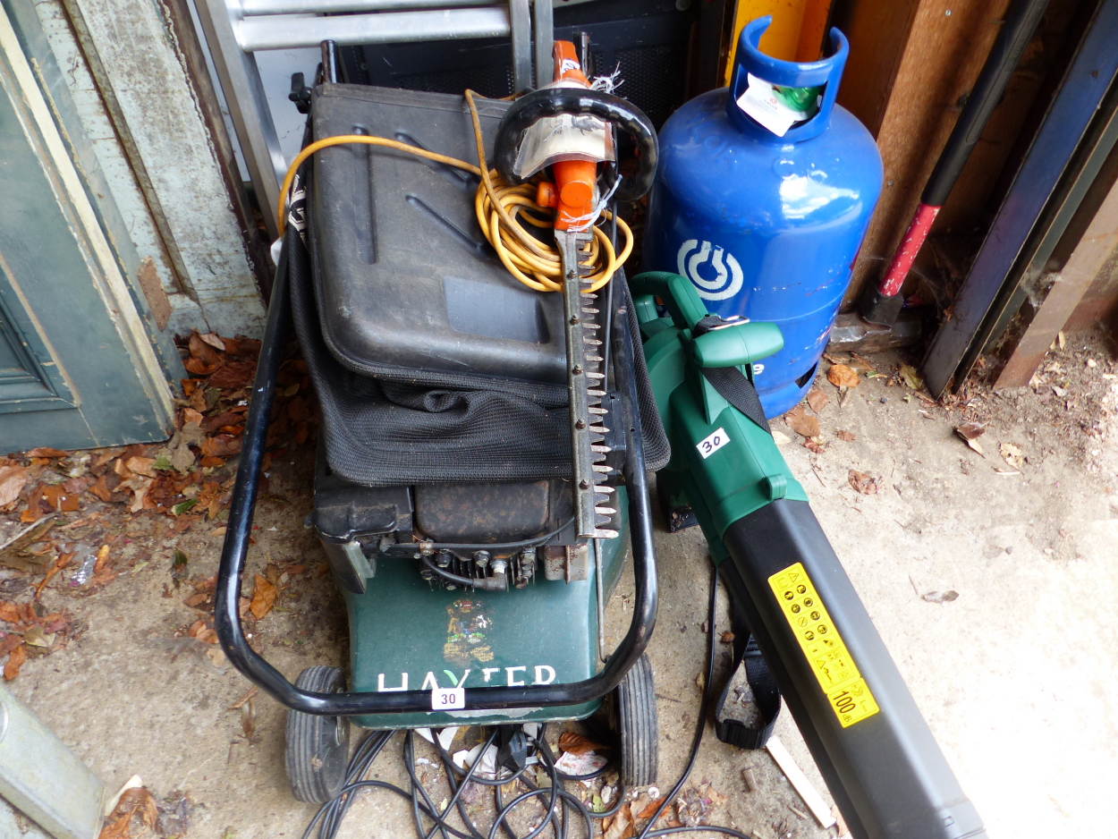 A HAYTER LAWN MOWER, A HEDGE CUTTER AND A LEAF BLOWER