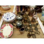 ELECTROPLATE TEA AND COFFEE WARES, A DECORATIVE METAL WALL HANGING INCLUDING TWO CANDLE NOZZLES