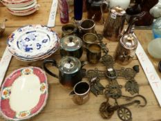 ELECTROPLATE TEA AND COFFEE WARES, A DECORATIVE METAL WALL HANGING INCLUDING TWO CANDLE NOZZLES