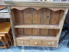 A PINE DRESSER BACK WITH TWO ENCLOSED SHELVES OVER THREE DRAWERS