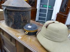 A PITH HELMET WITH TIN BOX AND A SPICE TIN