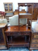 A MAHOGANY TWO TIER SIDE CABINET WITH WAVY GALLERIED TOP AND FOUR DRAWERS TOGETHER WITH A MAHOGANY