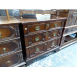 AN OAK CHEST OF THREE LONG DRAWERS EACH WITH GEOMETRICALLY PANELLED FRONTS