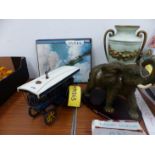 A MODEL TRACTION ENGINE AND THREE AIRCRAFT PRINTS, AN ELEPHANT FIGURE, LAMP BASE AND A WOODEN