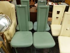 A SET OF FOUR GREEN LEATHER TALL BACKED CHAIRS