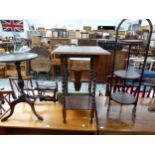 A MAHOGANY THREE TIER CAKE STAND, A STAINED PINE TWO TIER TABLE AND A MAHOGANY TRIPOD WINE TABLE