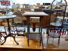 A MAHOGANY THREE TIER CAKE STAND, A STAINED PINE TWO TIER TABLE AND A MAHOGANY TRIPOD WINE TABLE