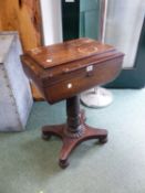 A 19th C. ROSEWOOD TEAPOY, THE INTERIOR WITH TWO CANISTERS EACH SIDE OF TWO RECEIVERS FOR MIXING