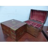 A VICTORIAN MAHOGANY SIX BOTTLE TANTALUS BOX TOGETHER WITH A BRASS BOUND MAHOGANY CAMPAIGN TYPE