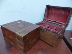 A VICTORIAN MAHOGANY SIX BOTTLE TANTALUS BOX TOGETHER WITH A BRASS BOUND MAHOGANY CAMPAIGN TYPE