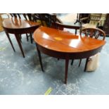 A PATERA AND LINE INLAID MAHOGANY DEMILUNE TABLE TOGETHER WITH A MAHOGANY D-END OF A DINING TABLE