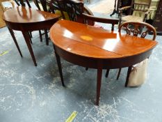 A PATERA AND LINE INLAID MAHOGANY DEMILUNE TABLE TOGETHER WITH A MAHOGANY D-END OF A DINING TABLE