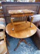 A MAHOGANY ROUND TRIPOD TABLE TOGETHER WITH A TRAY TOP COFFEE TABLE