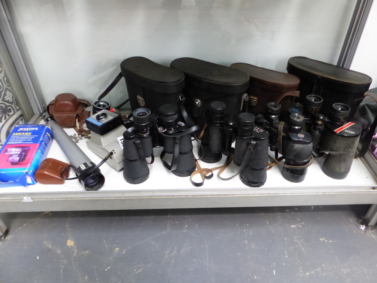 FOUR PAIRS OF BINOCULARS, TWO CAMERAS AND A TELESCOPE