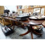 A MAHOGANY TWO PILLAR DINING TABLE WITH SINGLE LEAF, BY FURNITURE MAKER WILLIAM TILLMAN. W. 204 x D.