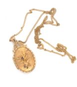 A 9ct YELLOW GOLD HALLMARKED PORTRAIT LOCKET AND CHAIN. DATED 1976, LONDON. THE LOCKET COVER WITH